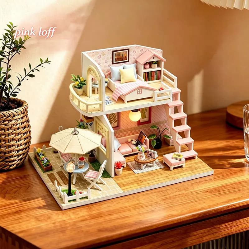 Pink DIY Miniature Dollhouse Kit 2-Level Sweet Home with LED Light Outdoor Patio Creative Handmade Model for Birthday Gift