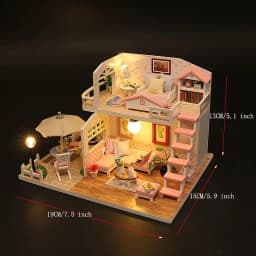 Pink DIY Miniature Dollhouse Kit 2-Level Sweet Home with LED Light Outdoor Patio Creative Handmade Model for Birthday Gift