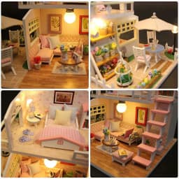 Pink DIY Miniature Dollhouse Kit 2-Level Sweet Home with LED Light Outdoor Patio Creative Handmade Model for Birthday Gift