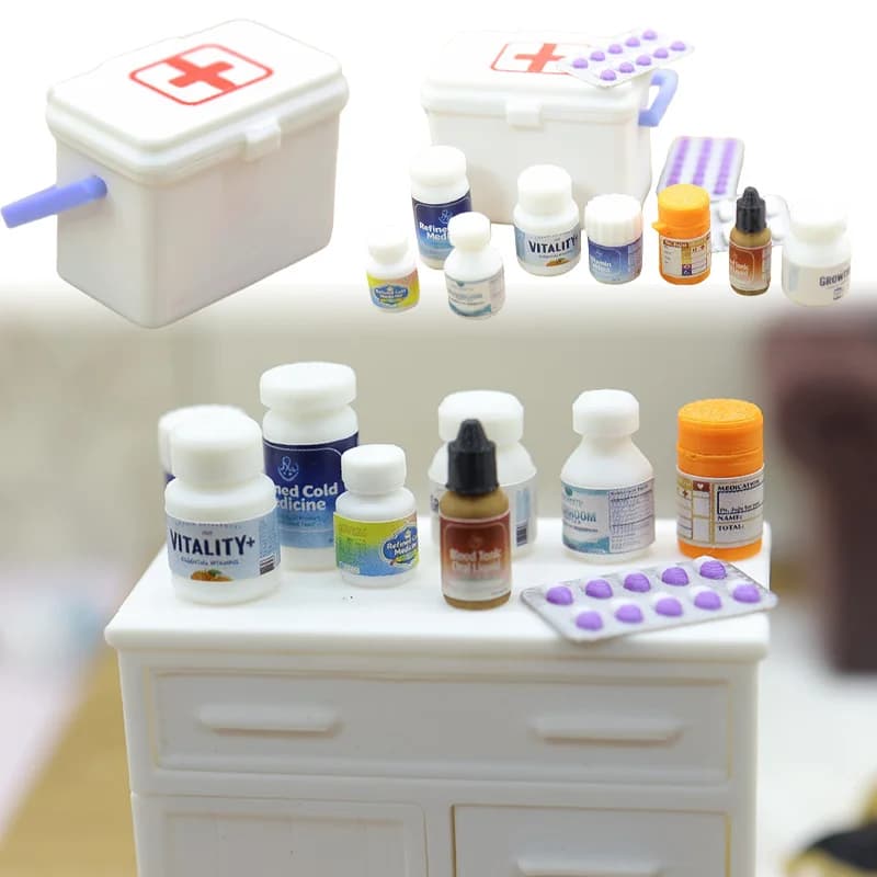 1/12 Miniature Dolls House Accessories Medicine Box with Pills Bottle Pharmacy Scene Model Ornament for Dolls Accessories Toys