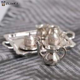 ▶1:12 Dollhouse Miniature Silver Metal Tea Coffee Tray Tableware Set