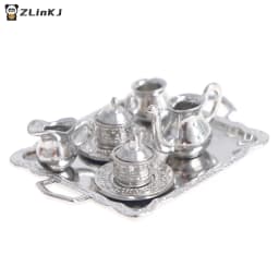 ▶1:12 Dollhouse Miniature Silver Metal Tea Coffee Tray Tableware Set