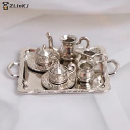 ▶1:12 Dollhouse Miniature Silver Metal Tea Coffee Tray Tableware Set