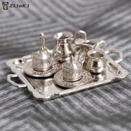 ▶1:12 Dollhouse Miniature Silver Metal Tea Coffee Tray Tableware Set