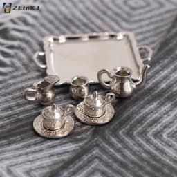 ▶1:12 Dollhouse Miniature Silver Metal Tea Coffee Tray Tableware Set