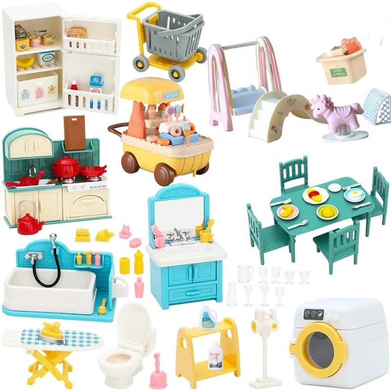 1:12 Dollhouse Miniature Furniture Set Mini Fridge Stove Sink Toilet Washing Machine Dining Table Chair Pretend Play Accessory