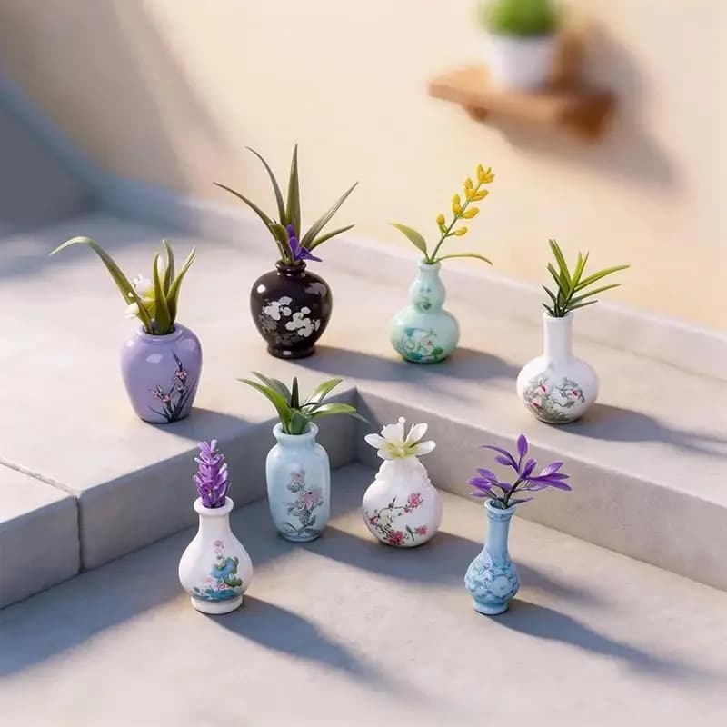 8Pcs Mini Vase Resin Figurine Imitation Porcelain Bottle Creative Micro Landscape Ornament DIY Home Desktop Decor Accessories