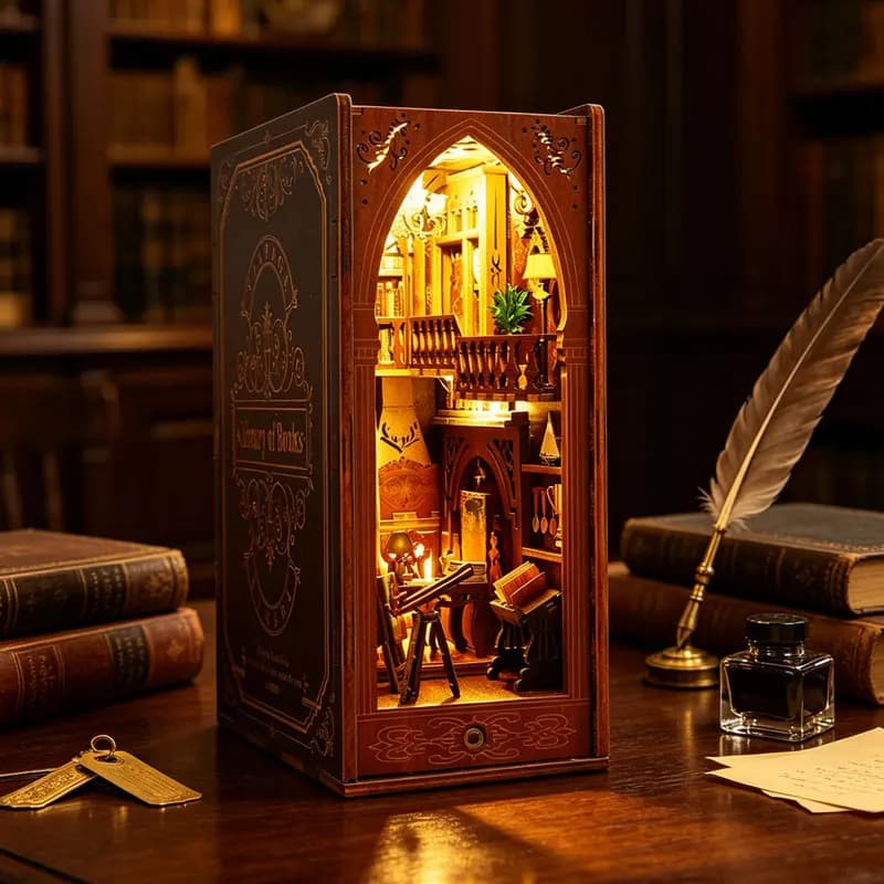 DIY Book Nook Shelf Insert Kit 3D Wooden Puzzle Assembly Bookshelf Bookend Building Home Dollhouse Toy For Xmas Birthday Gifts