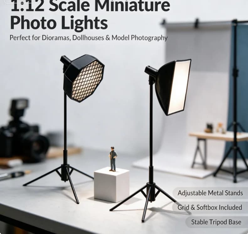 1/12 Scale Miniature Photography Prop Kit Softbox Light Tripod Photography Stool for Dollhouse Scene DIY Decoration