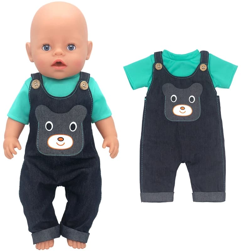 17 Inch Baby Doll Boy Outfit Green T-shirt Overalls for 43cm 18 Inch Doll Clothes Rompers