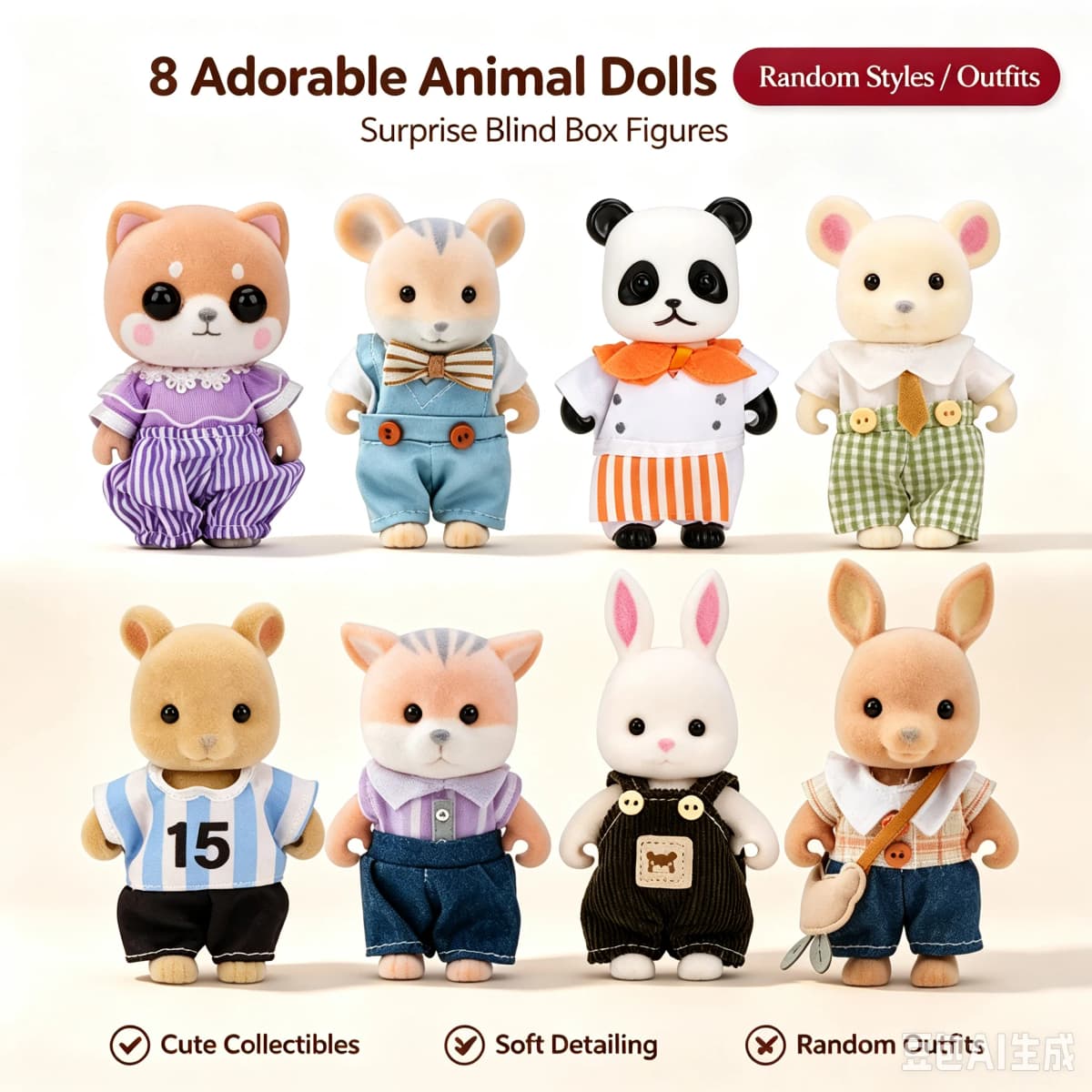 Mini Flocked Animal Family Doll Set Dressed Rabbit Cat Panda Koala Mouse Figures Dollhouse Accessory Pretend Play Collection Toy