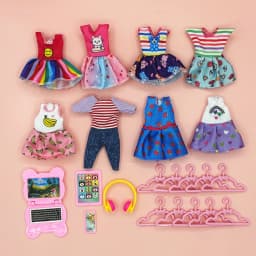 22pcs Set of 5.5-Inch Cute Doll Clothes and Accessories, 8pcs Skirt, 10 Hangers, 4pcs Mini Computer Headset Accessories Set