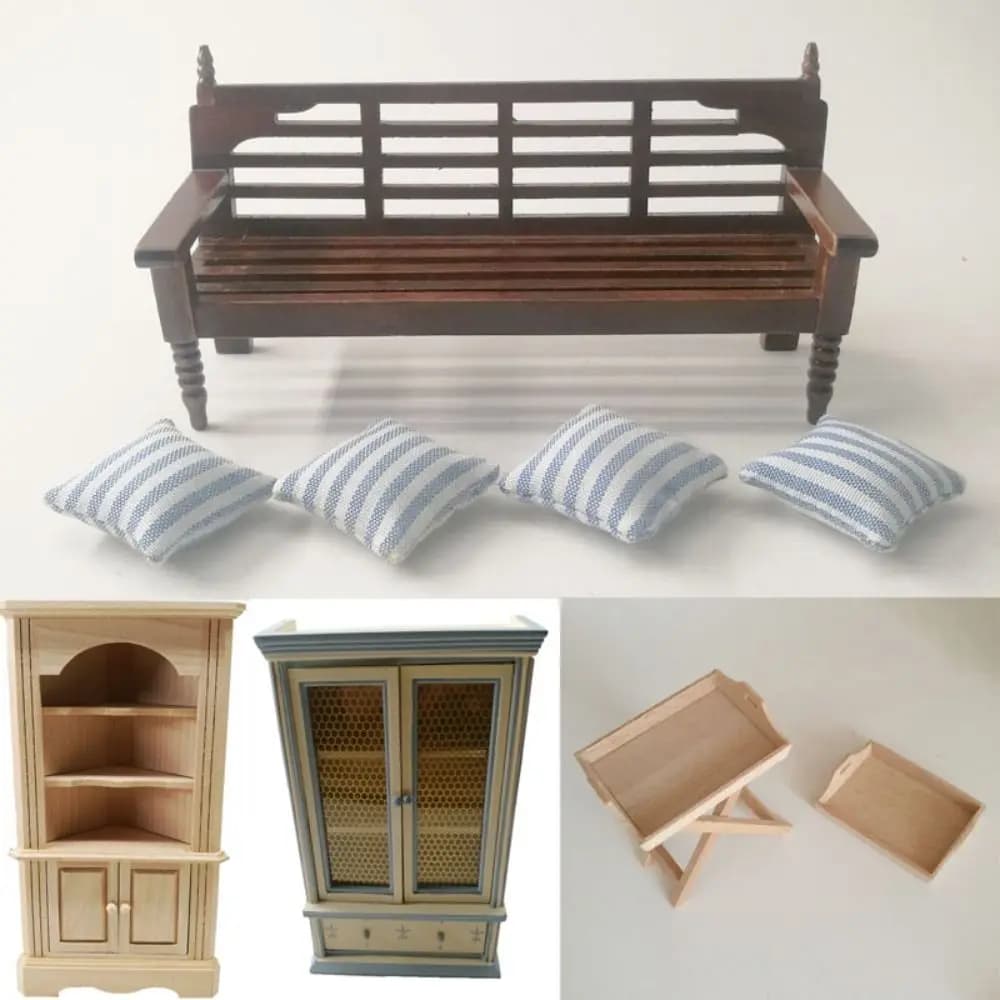 1/12 Dollhouse Miniature Wooden Bed Mini 8 Styles Chairs Model Toys Doll House Simulation Furniture Cabinet Bed Model