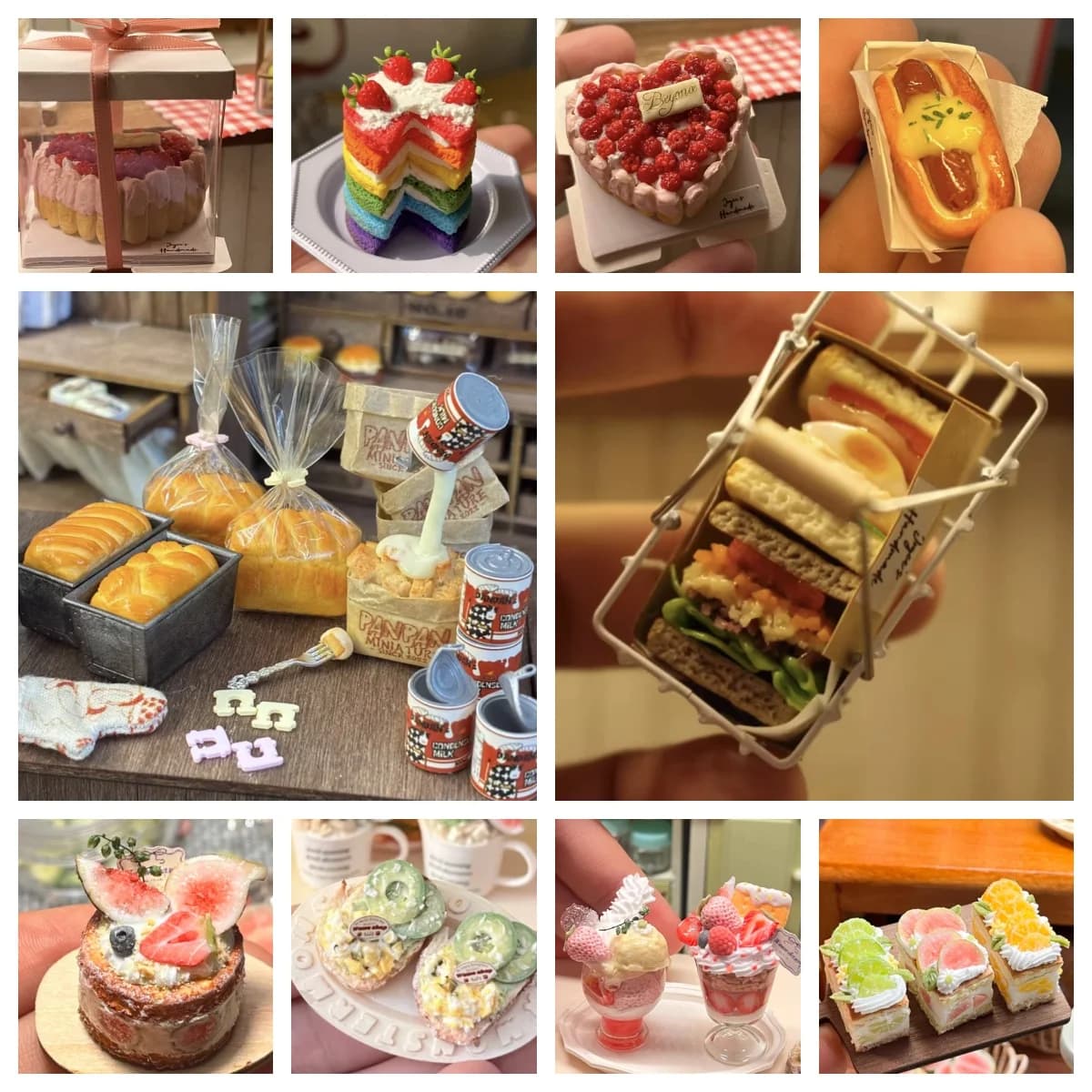 Handmade Premium Mini Food Set - Sandwich/Cake/Rainbow Cake/Hot Dog | Artisan Dollhouse Decor | Customizable Baking Miniatures