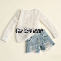 1/4 BJD Doll Clothes Baby Clothes Hollow-knit Blouse Broken Hole Smock Denim Washed Broken Hole Jean Shorts Vintage Jeans