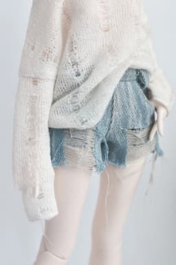 1/4 BJD Doll Clothes Baby Clothes Hollow-knit Blouse Broken Hole Smock Denim Washed Broken Hole Jean Shorts Vintage Jeans