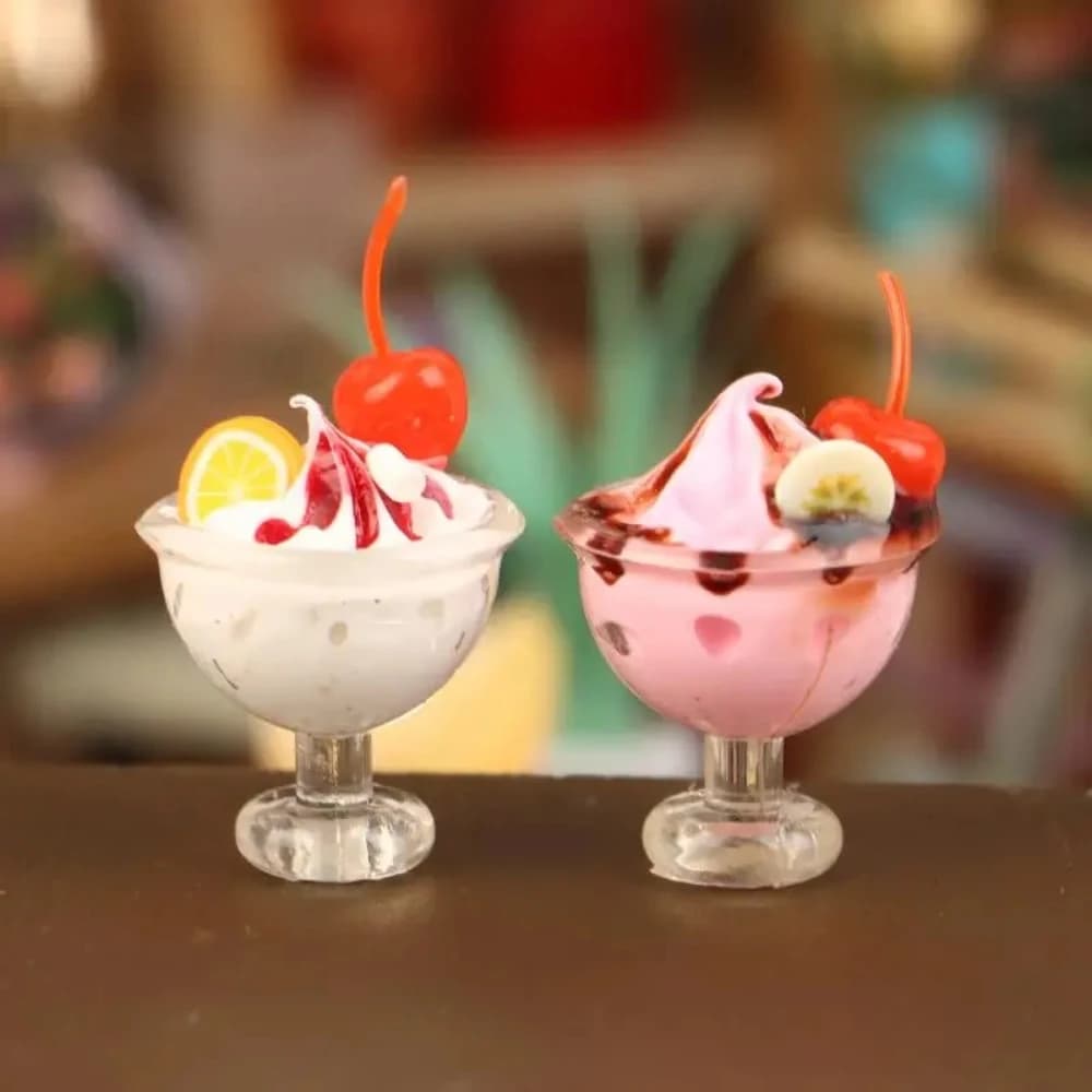 1Pc 1:12 Miniature Cherry Ice Cream Cup Simulation Food Model Dollhouse Decor Ornament Accessory Strawberry Vanilla