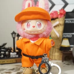 Labubu Clothes Halloween Prison Costume Orange Jumpsuit Mask Handcuffs Vinyl Figure Hanging Keychain Trendy Changeable Outfit