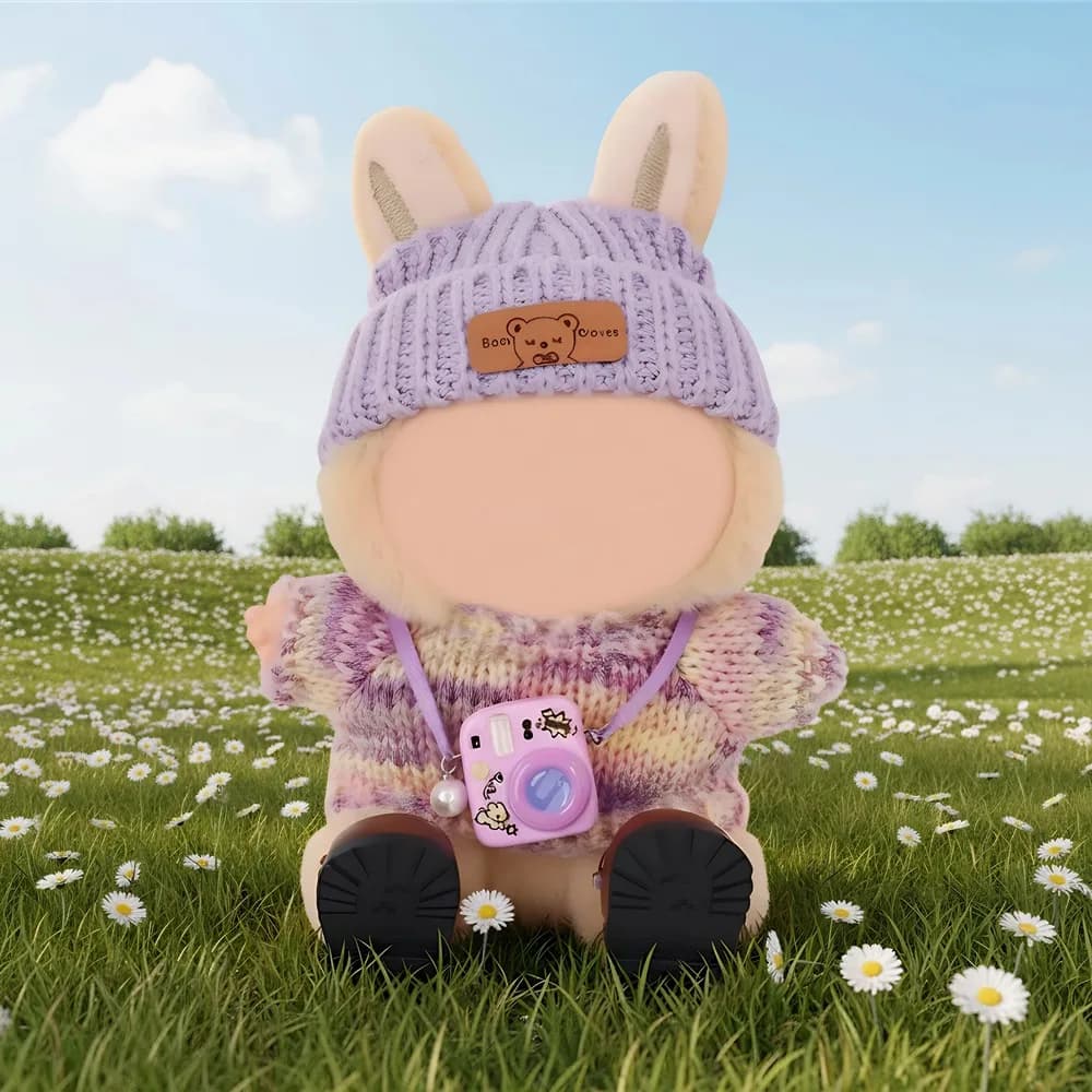 For Labubu Doll Headband+Sweater+Camera Warm Cute Outfit Accessories For 17CM Plush Doll Clothes,Festival Birthday Gift Girl Toy