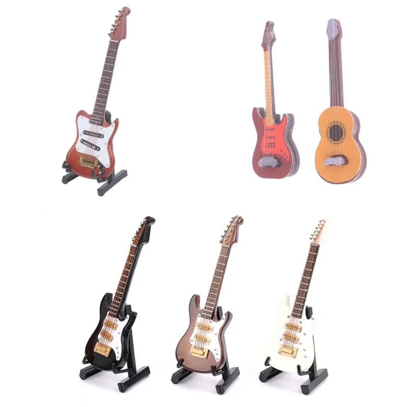 1/6 Dollhouse Miniature Wooden Electric Guitar With Stand Model Instrument Toy