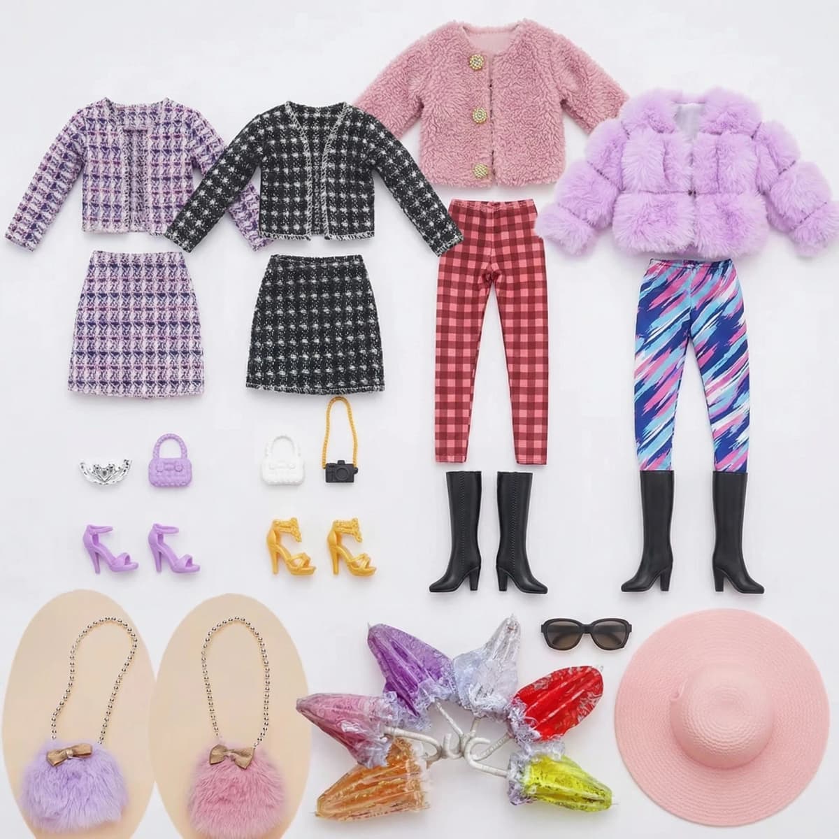 30CM Doll Clothes Plush Coat Long Boots Fashion Coat Top Skirt Plush Bag Lace Umbrella Hat Girl DIY Toy Gifts For 11.8inch Doll