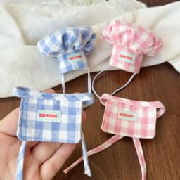 2 Styles Grid Chef Hat & Apron for 10cm Plush Doll Baking Costume Set or Single Piece Pink Blue