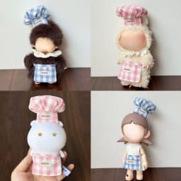 2 Styles Grid Chef Hat & Apron for 10cm Plush Doll Baking Costume Set or Single Piece Pink Blue