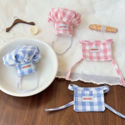 2 Styles Grid Chef Hat & Apron for 10cm Plush Doll Baking Costume Set or Single Piece Pink Blue