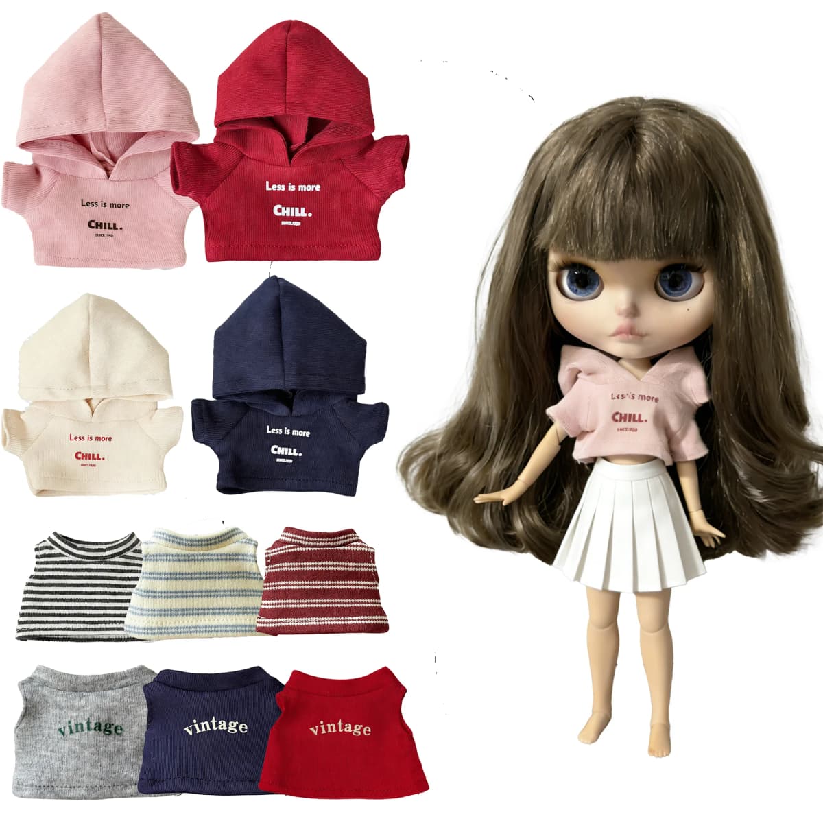 For Blythe Doll Striped Vest Hoodie Outfit Clothing Solid Color T-Shirt Sweater Clothes Suit OB22 OB24 1/6 Long Leg HelloKitty