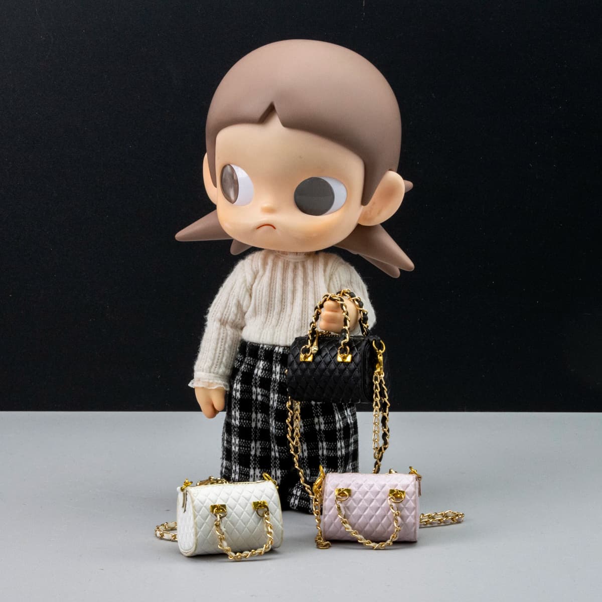 Cute Delicate Solid-Color Square Handbag for Dolls with Gold Chain Decoration Mini Leather Bag