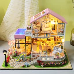 Zuuton DIY Doll House Kit Villa with Pool Piano LED Light Wooden 3D Puzzle Miniature Dollhouse with Furniture HandmadeCraft Gift