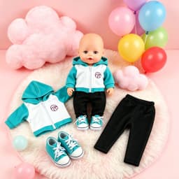 Color Block Hoodie Doll Outfit Set Black Jogger Pants & Teal Canvas Sneakers for 18 Inch American & 43cm Baby Newborn Girl Dolls