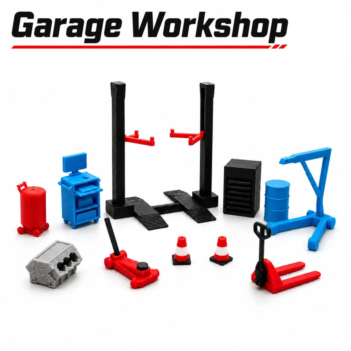 1:64 Garage Workshop Miniature Accessory Set, Car Lift Tools, Repair Shop Diorama Display Decor for Model Cars
