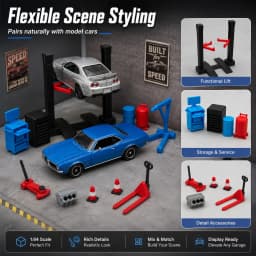 1:64 Garage Workshop Miniature Accessory Set, Car Lift Tools, Repair Shop Diorama Display Decor for Model Cars