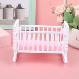 Light Pink Doll Crib Cradle, White Baby Shaker Bed, Doll House Toy Accessories