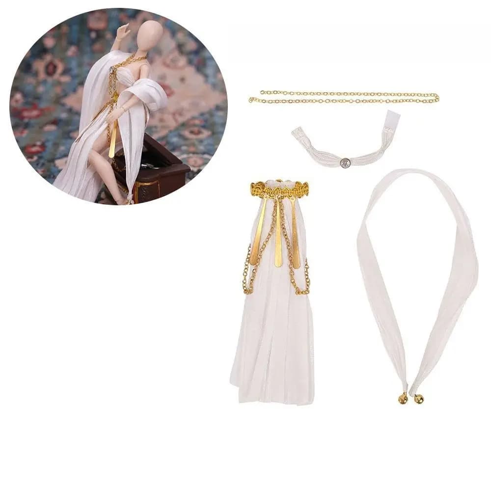 Fabric Doll Clothing Set Metal Chain Accents Draped Sleeve Style Doll Princess Outfit Pleated Skirt White and Gold