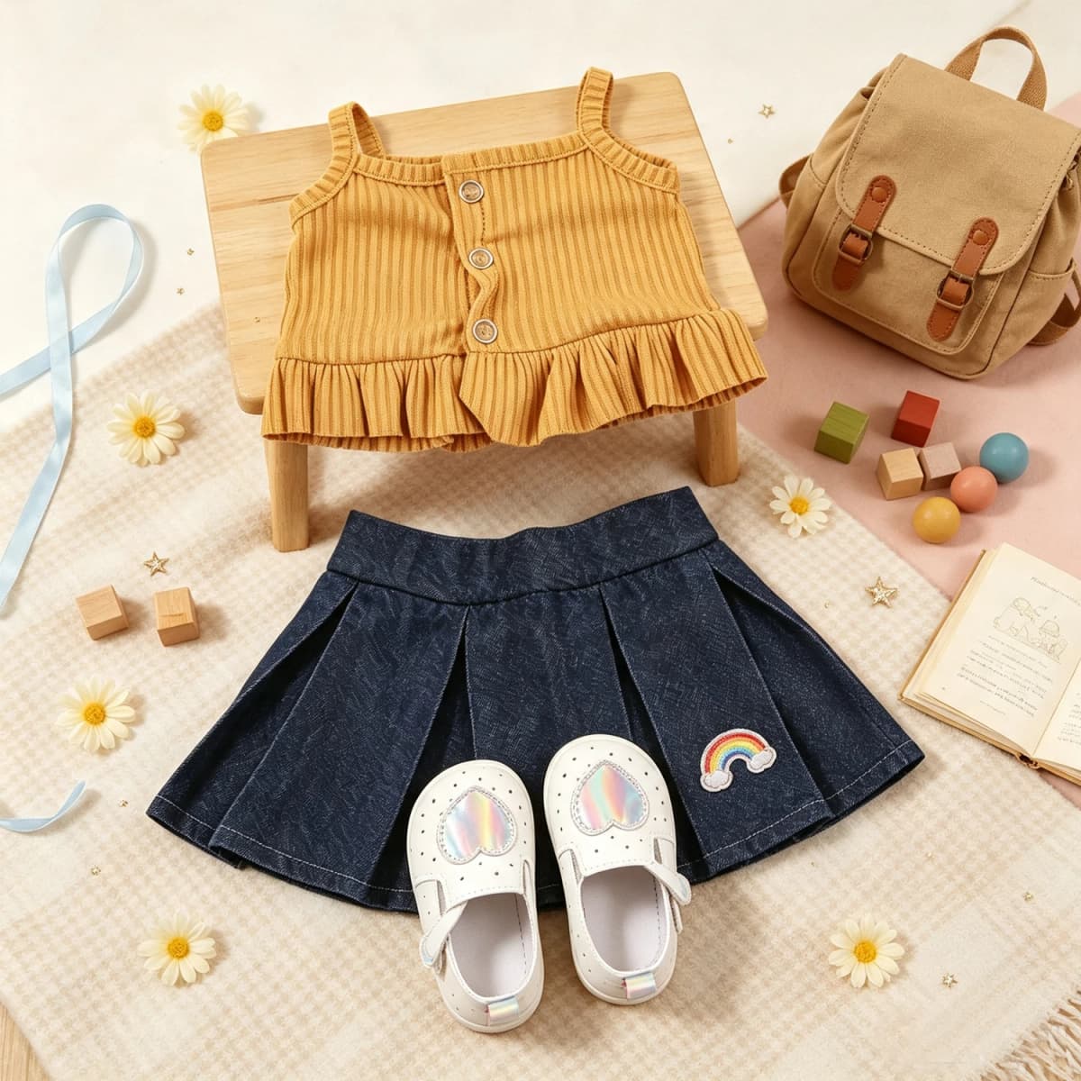 Doll Clothes Set Ribbed Cami Top Denim Pleated Skirt + Heart Shoes Outfit Fit 18 Inch American & OG Girl Dolls Toy Accessories