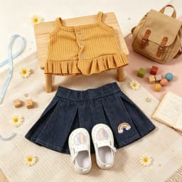 Doll Clothes Set Ribbed Cami Top Denim Pleated Skirt + Heart Shoes Outfit Fit 18 Inch American & OG Girl Dolls Toy Accessories