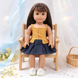 Doll Clothes Set Ribbed Cami Top Denim Pleated Skirt + Heart Shoes Outfit Fit 18 Inch American & OG Girl Dolls Toy Accessories