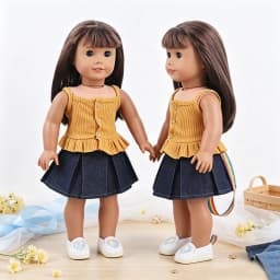 Doll Clothes Set Ribbed Cami Top Denim Pleated Skirt + Heart Shoes Outfit Fit 18 Inch American & OG Girl Dolls Toy Accessories