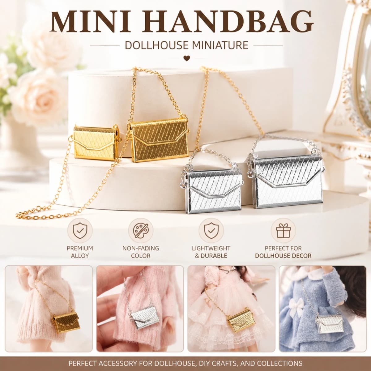 1 Piece of Openable Dollhouse Miniature Metal Handbag 1/12 1/6 Mini Simulation Shoulder Bag BJD Doll Decoration Accessories