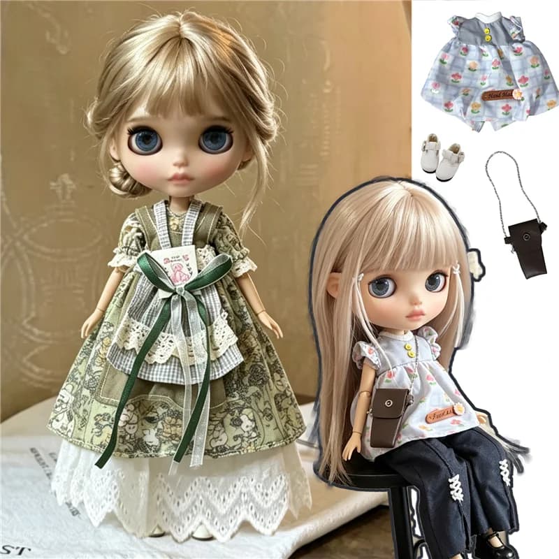 For Blythe Doll Outfit Clothes Retro Flower Dress Set Winter Coat Skirt Puppy Pants Clothing For OB24 OB22 Small 6/1 Doll Gift