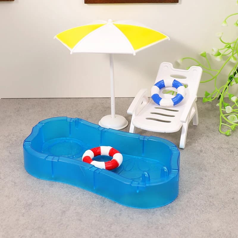 Children's Doll House Play Set with Cute Mini Swimming Pool Beach Chair & Swimming Circle - DIY Decoration Model Toy Kit