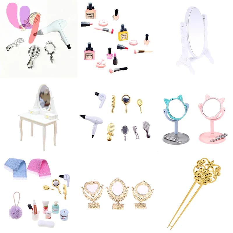 Hot 1Set 1:12 Dollhouse Mini Hair Styling Set Hair Dryer Comb Mirror Mini Furniture Bedroom Scene Pretend Play Table Miniature