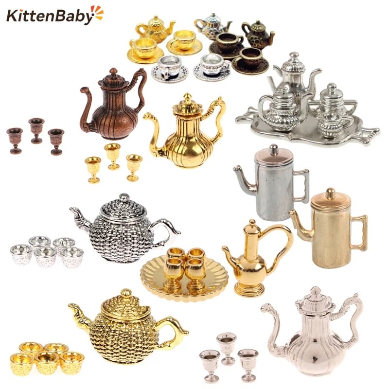 1:12 Doll House Miniature Metal Tea Set/Wine Set Model Doll House Furniture Miniature Dining Ware Toy Teapot Cup Plate