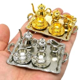 1:12 Doll House Miniature Metal Tea Set/Wine Set Model Doll House Furniture Miniature Dining Ware Toy Teapot Cup Plate