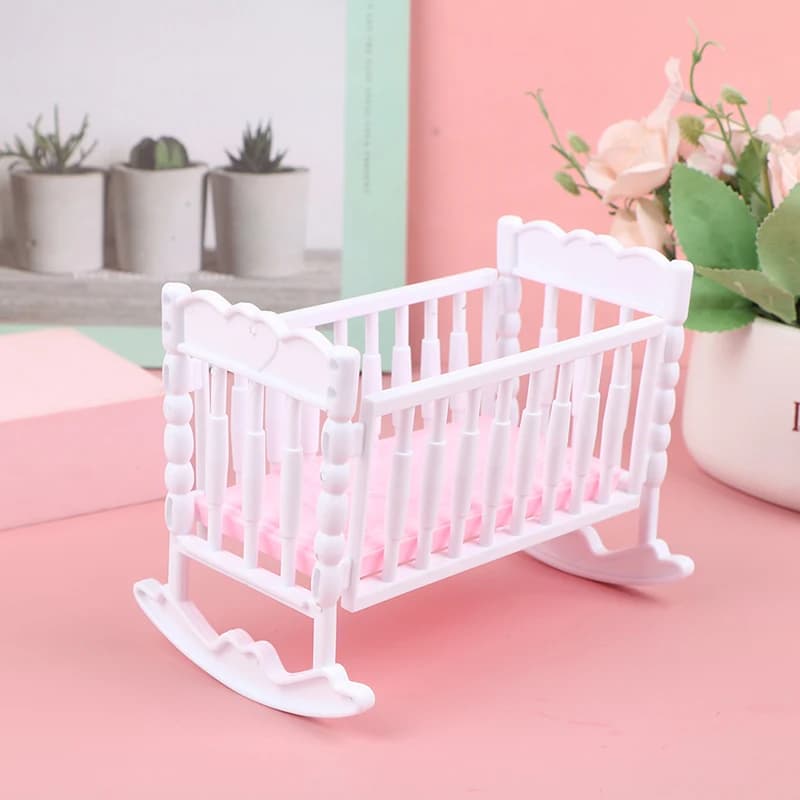 Doll House Light Pink White Baby Shaker Toy Accessories Bed Cradle Crib Play
