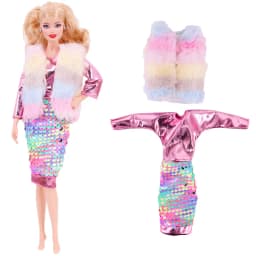 3 Pcs/Set Fur Vest Coat + Dress/Casual Outfit for 11.8 inch Barbies Doll Clothes Accessories Plush Jacket Celebrity,Child's Gift