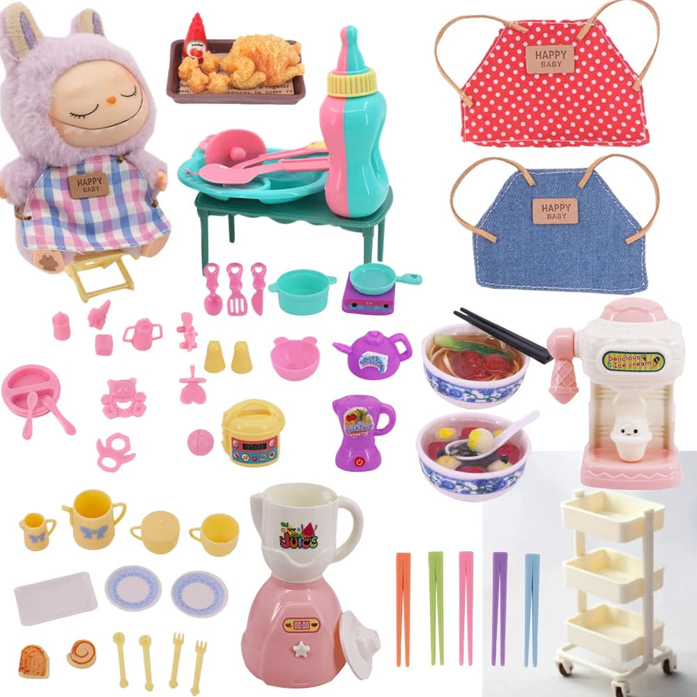 For 17CM Doll Accessories Apron Kitchenware Mini Food Cart Plates For Labubu Doll Cute Mini Pop Accessories,Festival Gifts Toys