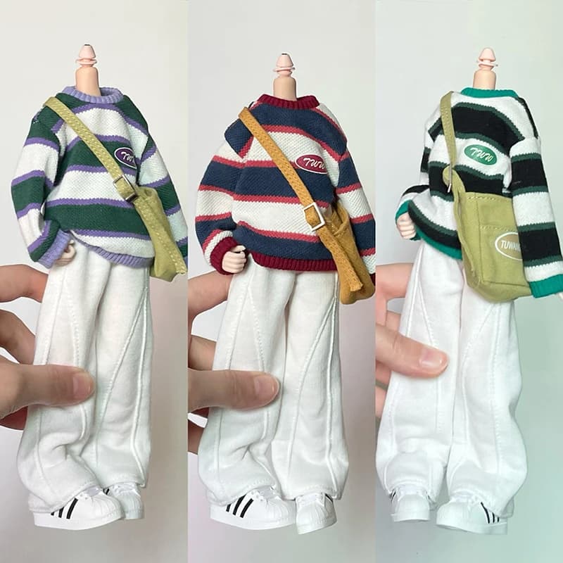 New Blythe Doll Clothes Colored Striped Round Neck Sweater Hoodie with Sports Wide Leg Pants Crossbody Bag for Blyth ob24 Outfit